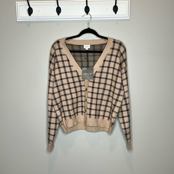 Le Lis Sweaters - Le Lis Upper Eastside Plaid Checkered Cardigan Front Button Tan and Black NWT